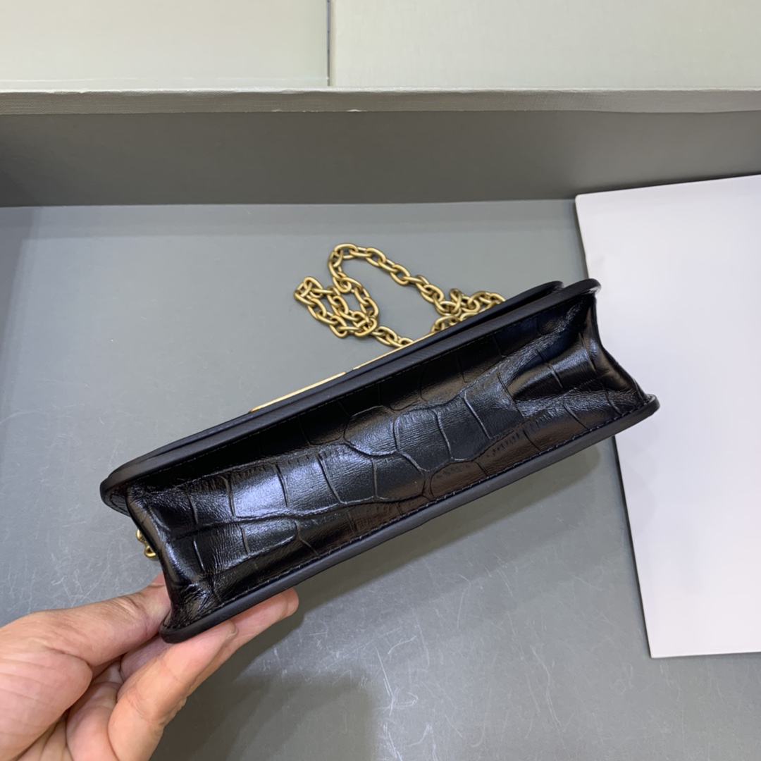 Balenciaga Gossip Wallet on chain Crocodile Embossed Calfskin Shouler Bag Black